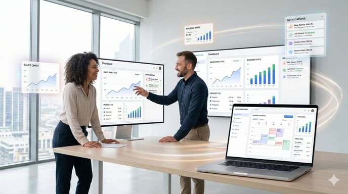 Team collaborating on business strategy with dashboards